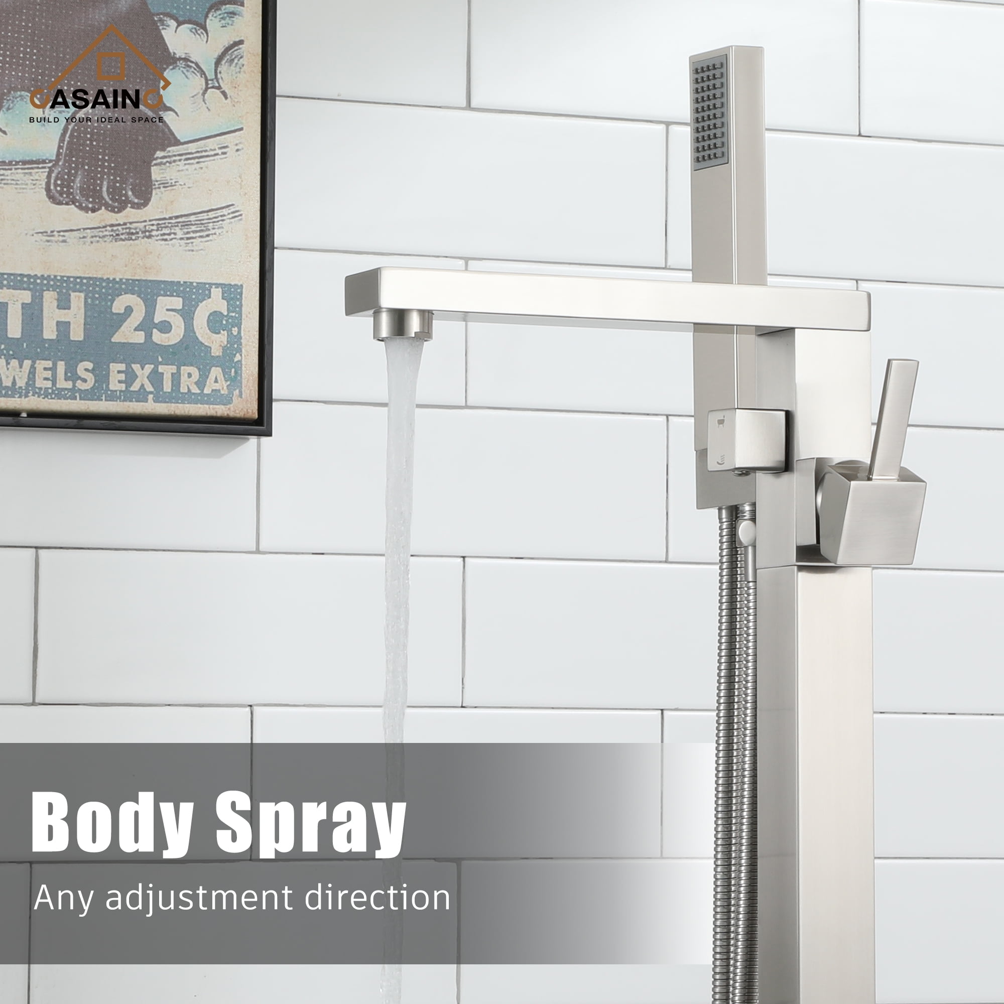 Casainc Freestanding Bathtub Faucet Swivel Spout Floor Mount with Handheld Shower Brushed Nickel A