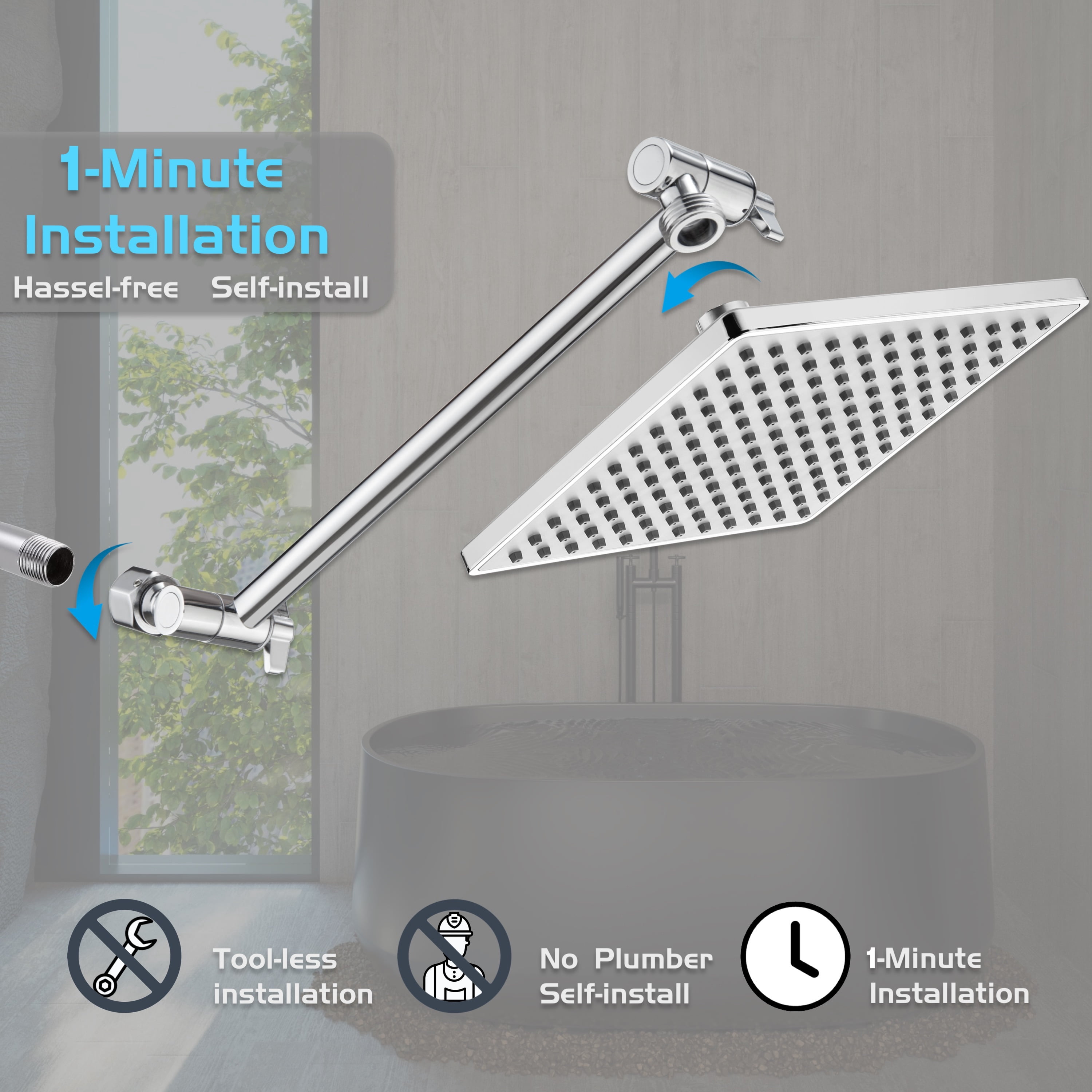 Rain Shower Head, 8'' High Pressure Rainfall Square Showerhead with 11'' Shower Head Extension Arm, Brass Adjustable Shower Arm Extender, Rainfall Waterfall Fixed Showerheads, Chrome
