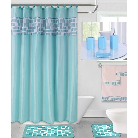 19PC Bathroom Set Banded Mosaic aqua Washable Rubber Backing Anti Slip Includes 2 Bath Rug/Math   1 Shower Curtain   12PC Rings Covered   4 Accesories Ceramic