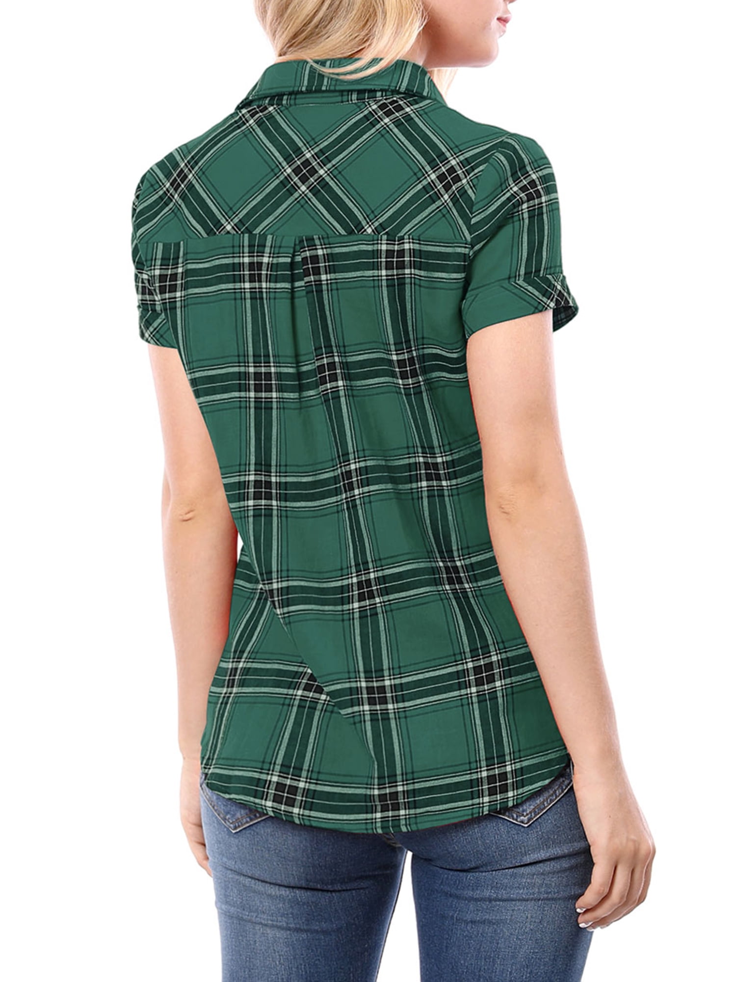 DARING DIVA Women's Plaid Shirts Cotton Short Sleeve Button Down Shirt XS Green