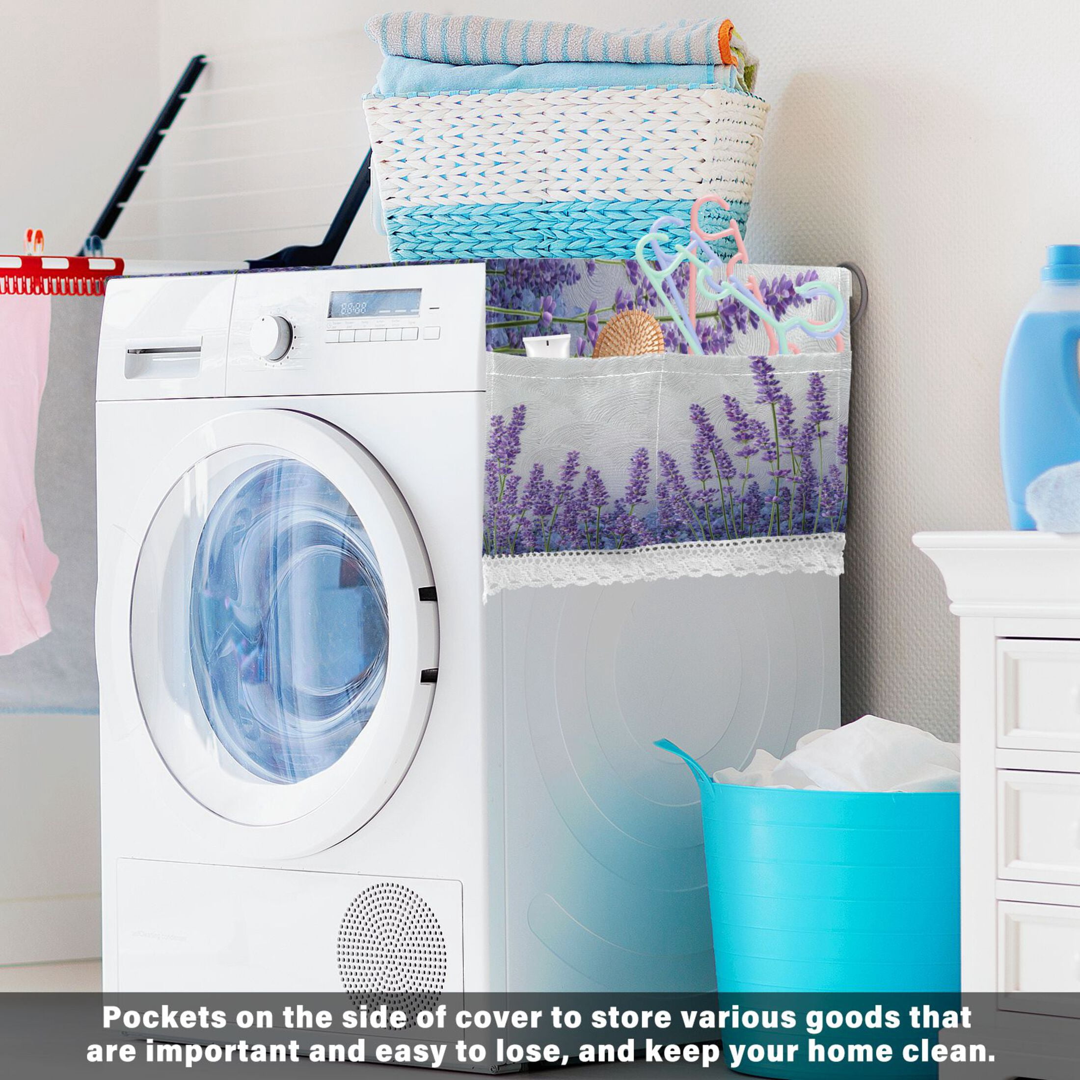 Wobogo Lavender Bushes Washing Machine Cover Dustproof Washer Dryer Cover Waterproof Laundry Room Decorative Protector