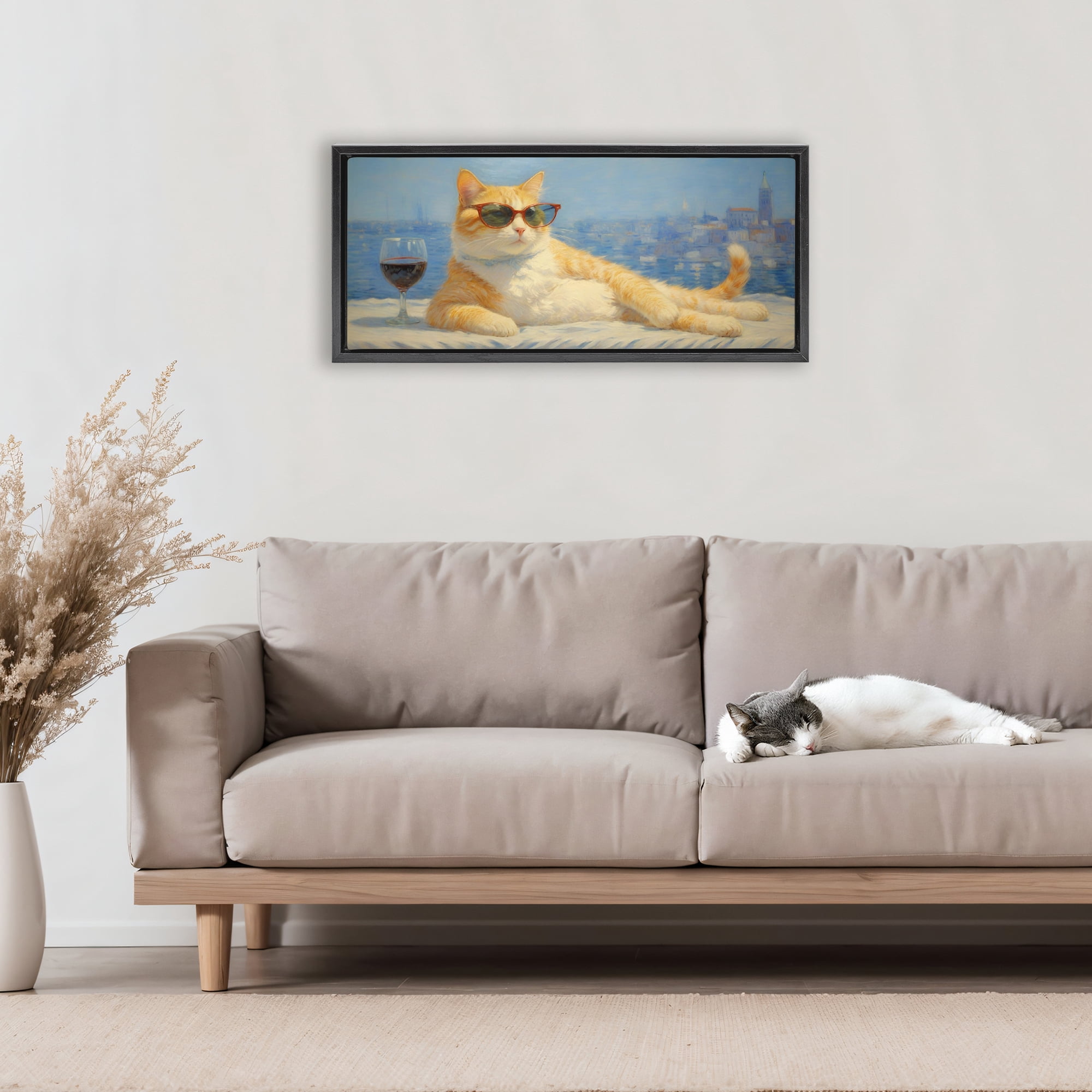 Stupell Industries Lounging Feline with Wine Glass Black Framed Floater Canvas Wall Art, design by Angie Hawke