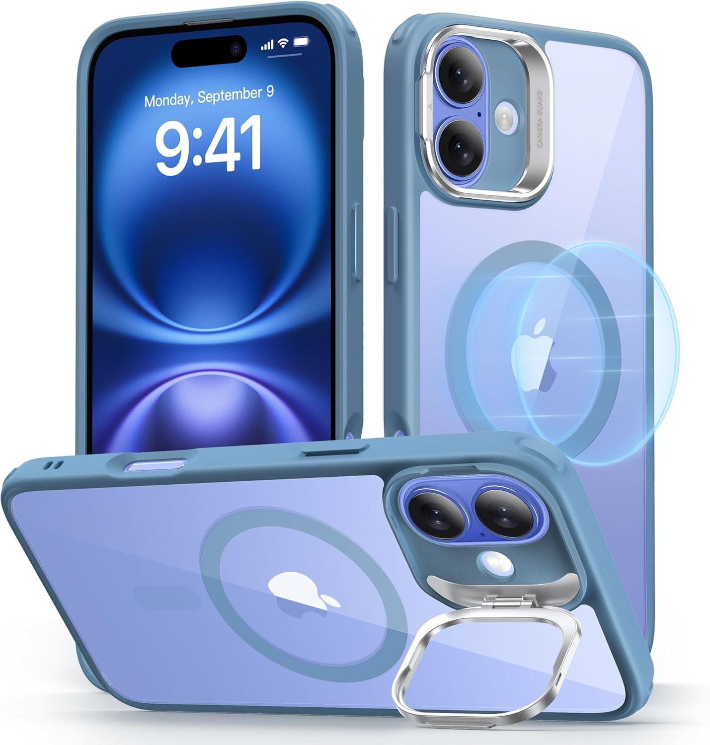 MHAWBL-for iPhone 16 Case, Compatible with MagSafe, Military-Grade Protective Case, Built-in Stash Stand Phone Case, Scratch-Resistant Back Cover, Classic Series, Clear Blue