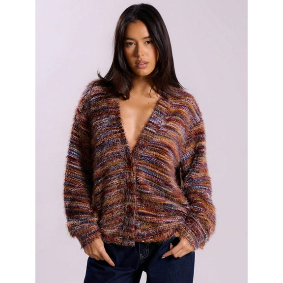 Women's Striped Sweater Cardigan Fuzzy Vintage Button Down Cardigan Chocolate Brown Sweater