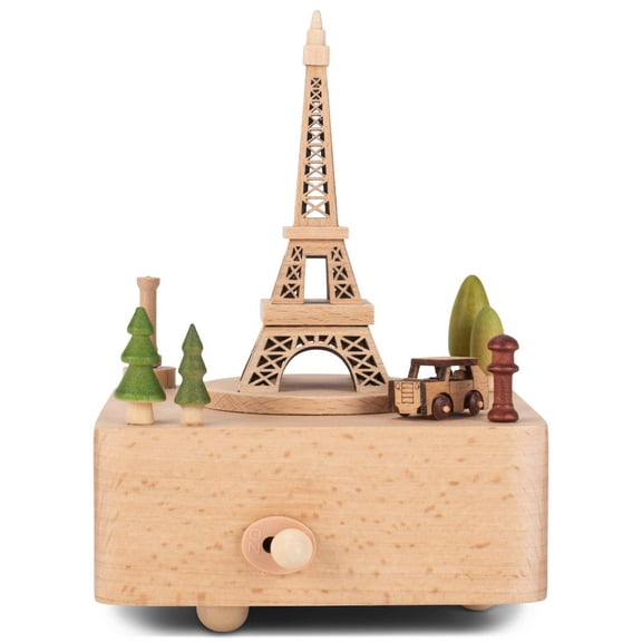 Cottage Garden Eiffel Tower Car Woodgrain 6 inch Beech Wind-Up Musical Figurine