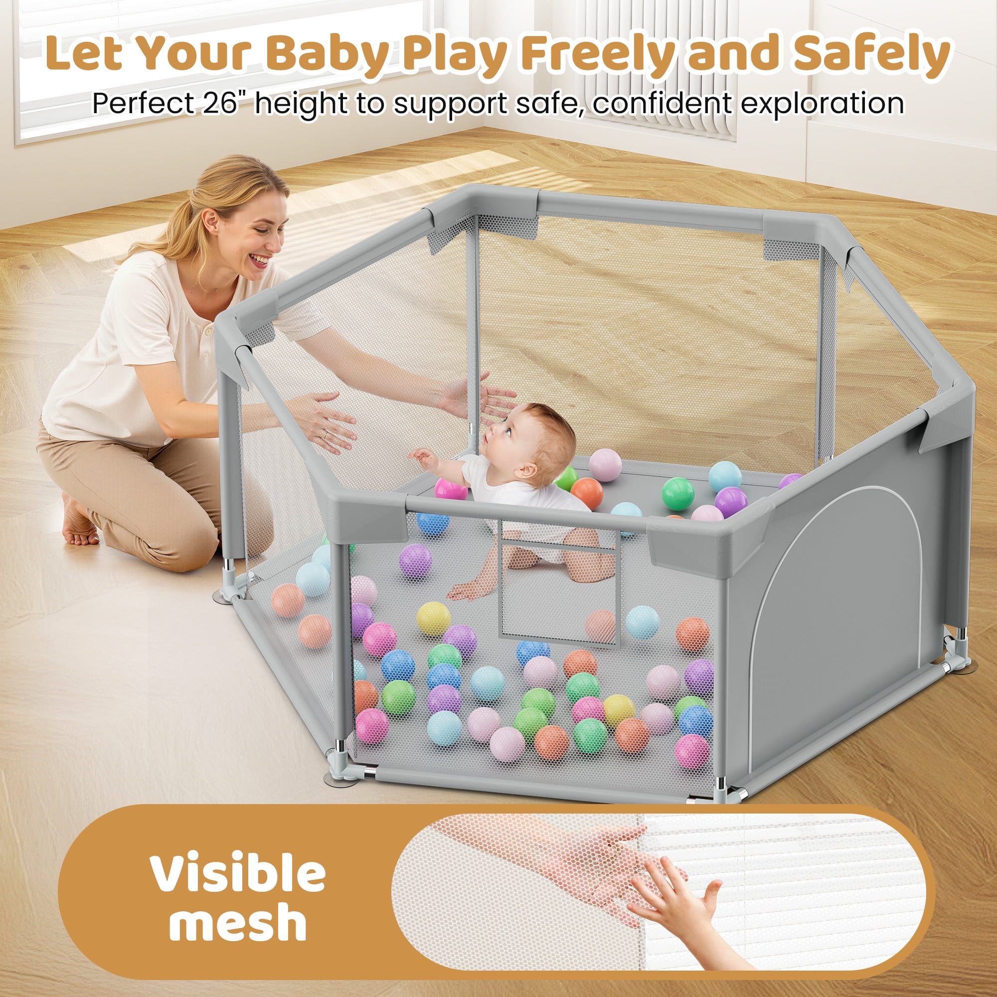 babyeap 50 Inch Baby Playpen,Fence Baby Play Yard for Indoors Outdoors,Hexagonal Toddler Playpen,Light Gray