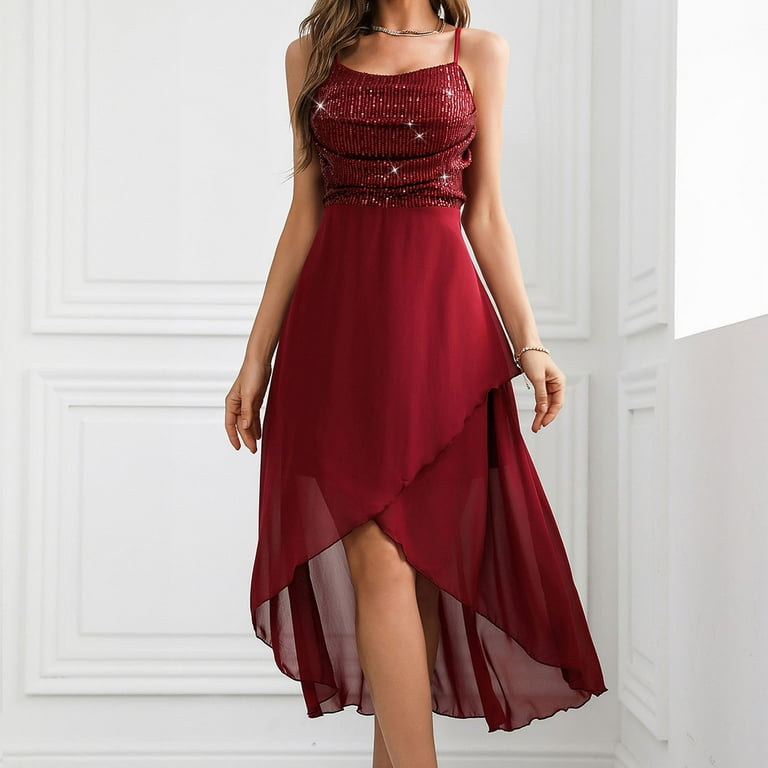 LYEAA Womens Holiday Dresses Sequins Sleeveless V Neck Glittery