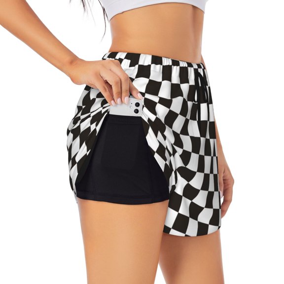 Vsdgher Black and White Checkerboard Print Women's Running Double Layer Shorts High Waisted with Pockets Elastic Yoga Workout Athletic Gym Sports