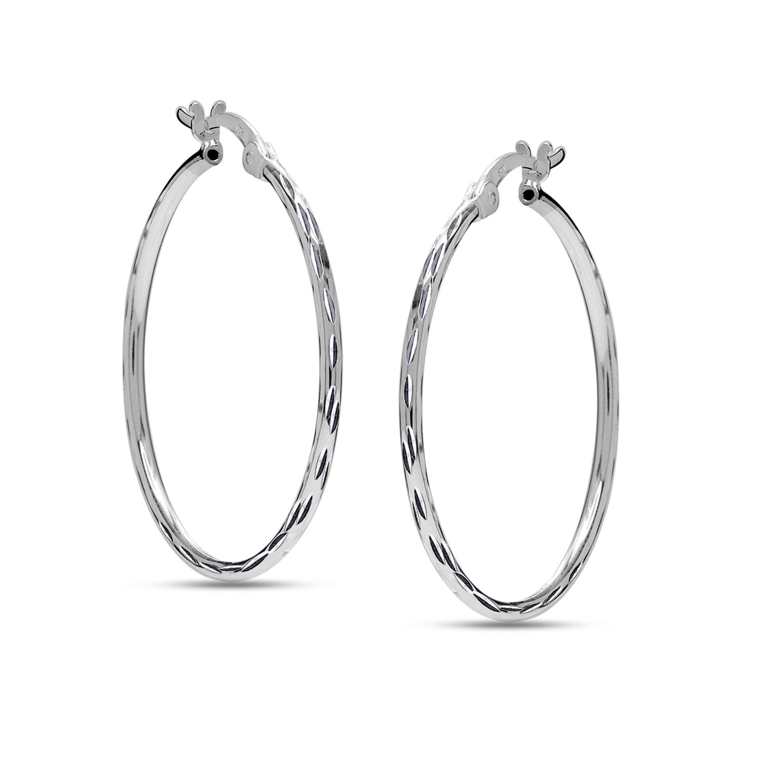 LeCalla 925 Sterling Silver Hoop Earrings for Women | Medium Classic Diamond-Cut Textured Hoops Earring | Womens Click-Top Earring Hoop 35MM