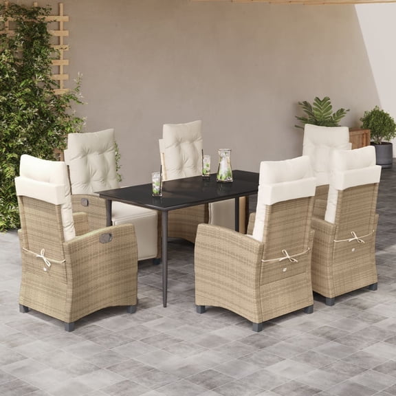 vidaXL 7 Piece Patio Dining Set with Cushions Beige Poly Rattan