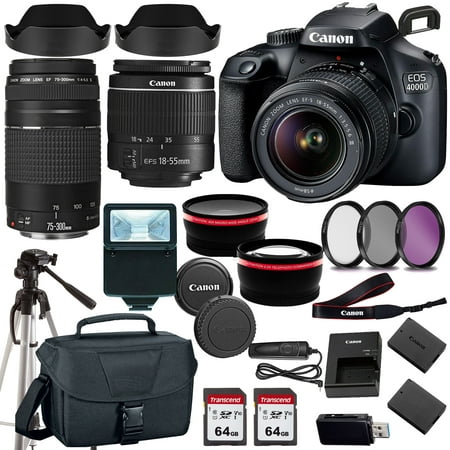 Canon EOS 4000D/Rebel T100 DSLR Camera w/Canon EF-S 18-55mm F/3.5-5.6 Zoom Lens+Canon EF 75-300mm III Lens+case+128Memory Cards (24PC)