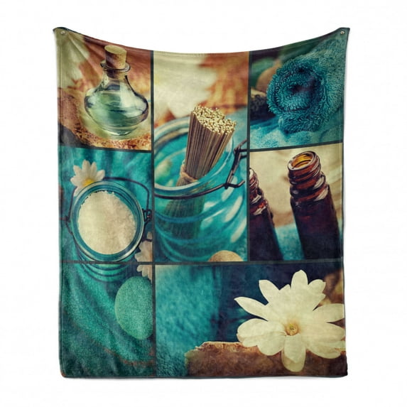 Spa Soft Flannel Fleece Throw Blanket, Blue Themed White Daisies Scents Towels and Incense Artwork Collage Design, Cozy Plush for Indoor and Outdoor Use, 50" x 70", Blue Brown and White, by Ambesonne