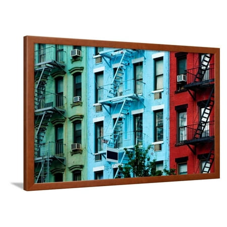 Colorful Apartment Buildings with Fire Escapes Framed Print Wall Art By