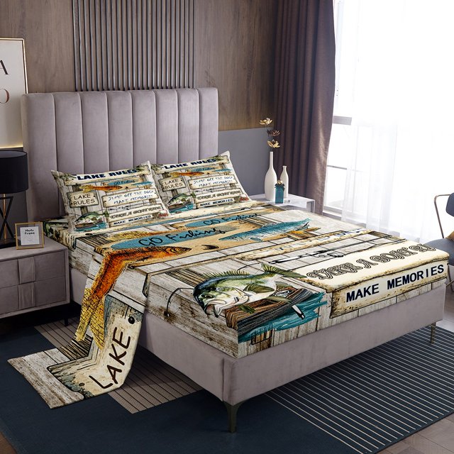 Erosebridal Fishing Fish Bed Sheets Set Queen Size, Rustic Hunting Bed Sheets Queen, Retro Lake House Decor 4pcs