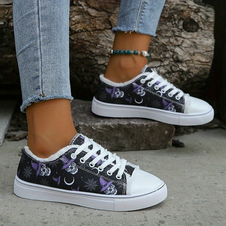 

Women s Skull Pattern Shoes Lace Up Low-top Round Toe Flat Non-slip Lightweight Shoes Halloween Outdoor Casual Shoes