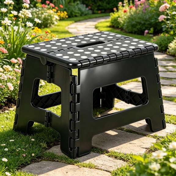 JONPONY Folding Step Stool with Convenient Handle,9 Inch Height and Anti-Slip Design,Supports Up to 300 lbs, Robust Plastic Foldable Step Stool Ideal for Kitchen, Bathroom, and Living Room Use
