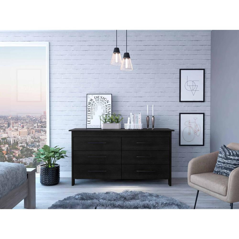 58" Black Six Drawer Double Dresser