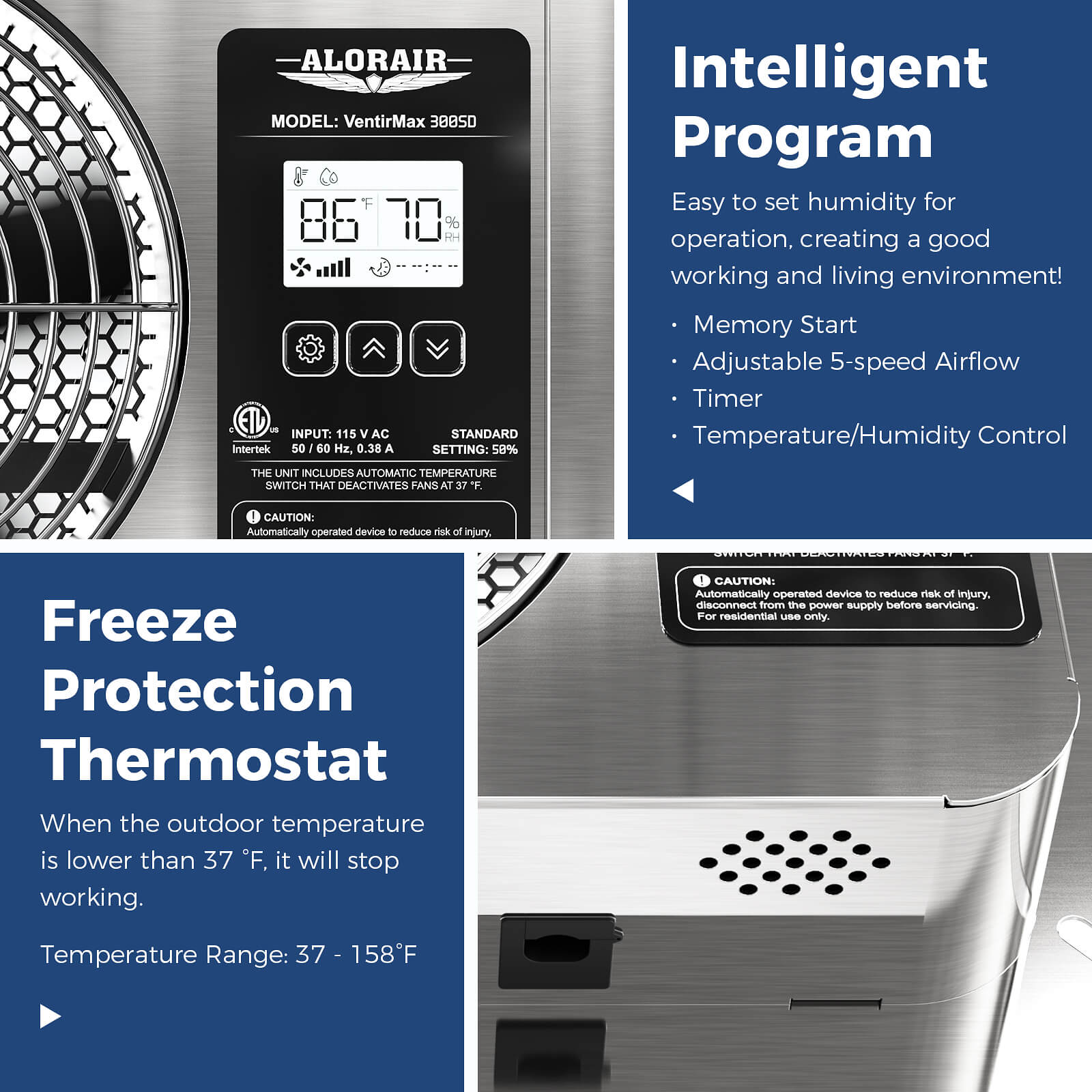 ALORAIR 300 CFM Crawlspace Ventilator Fan with Humidistat, Stainless Steel Exhaust Vent Fans with Digital Display, Timing Cycle, Freeze Protection Thermostat, for Basement, Garage, Attic, Grow Tent