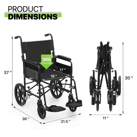 Magshion *FDA APPROVED* Transport Wheelchair, Folding Transport Chair with Swing Away Footrests and Flip Back Backrest for Travel, 300lbs Weight Capacity, Black
