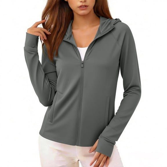 Karight Womens Full Zip Hooded Athletic Jacket Long Sleeve Slim Fit Workout Jacket with Pockets and Thumb Holes