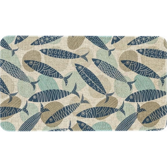 Blue Fish Decorative Kitchen Mats Set of 2, Farmhouse Anti Fatigue Waterproof Stain Resistant Floor Rug Non Slip Laundry Room Rug Cushioned Floor Mat - 17x29 and 17x47 Inch