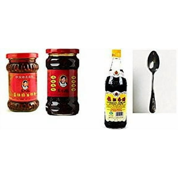 NineChef Bundle - Lao Gan Ma(Laoganma) Spicy Chili Crisp (Chili Oil Sauce) - 7.41oz   Black Beans Chili Sauce 9.88OZ   Gold Plum Chinkiang Vinegar 18.6 fl oz   1 NineChef ChopStick