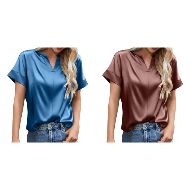 (2-Pack) Rinsvye European and foreign Trade Plus Size Shirts for Women 2X Women's 2025 Spring Summer Exercise Tops for Women Plus Size New Top Satin Solid Color V Neck Short Sleeve T Shirt Women