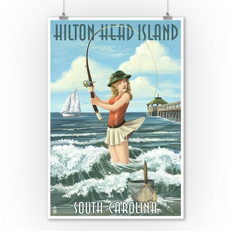 Hilton Head Wall Art Hilton Head Island, South Carolina - Pinup Surfer Fishing - Lantern Press Artwork (9x12 Art Print, Wall Decor Travel Poster) ()