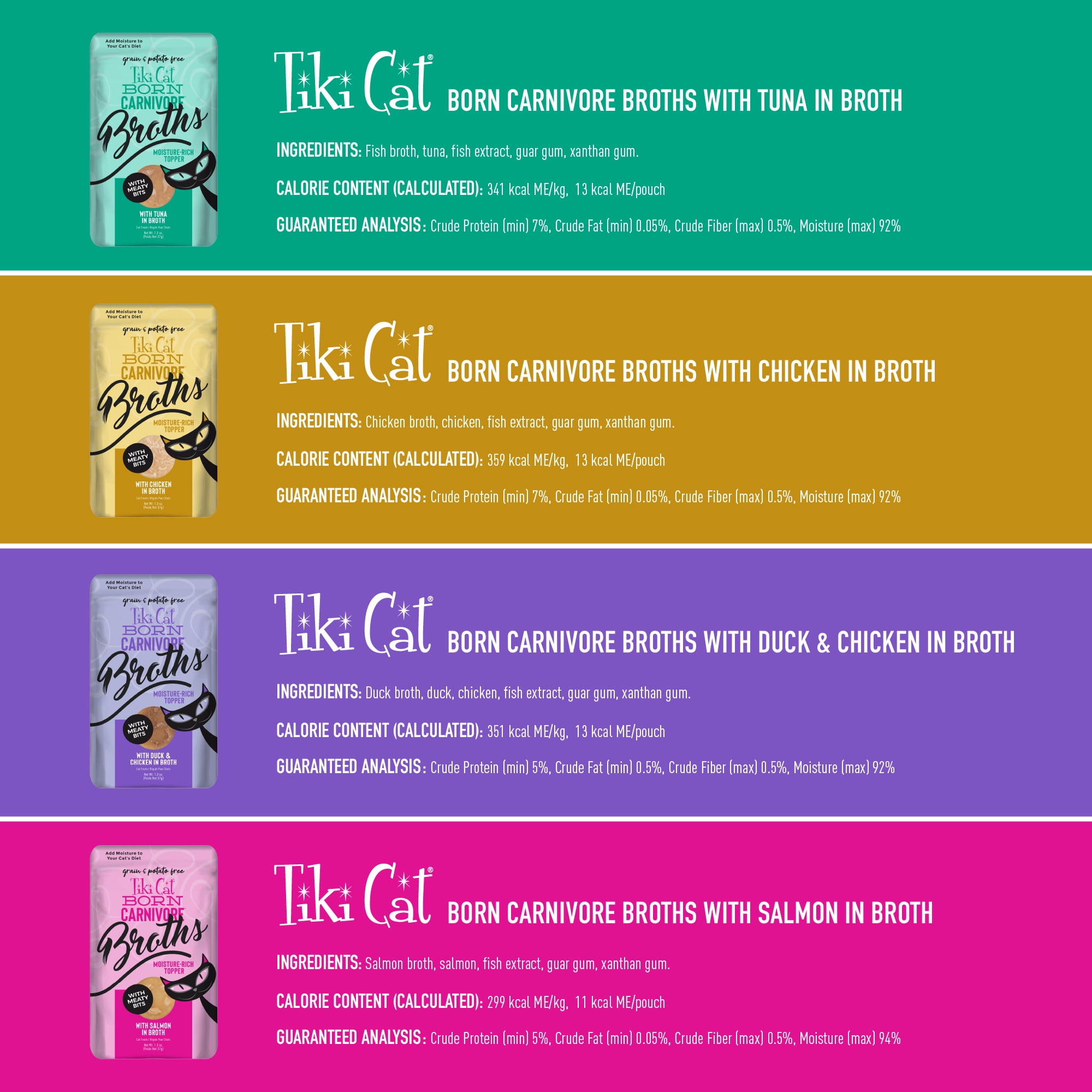 (2 pack) Tiki Cat Born Carnivore Broths Wet Cat Food Toppers, Variety Pack, 1.3 oz. Pouch (12 Count)
