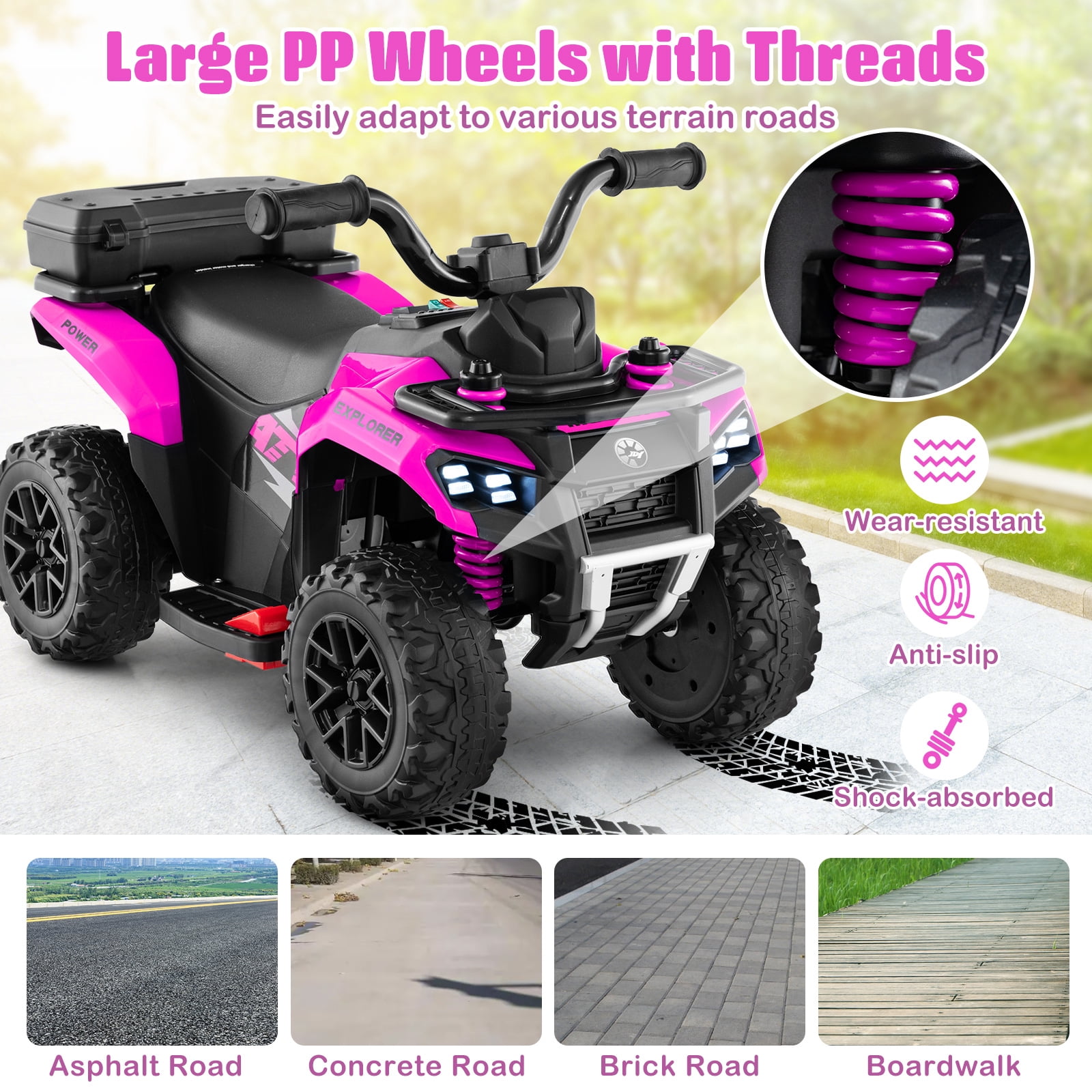 Costway 6V Toddler Ride On Electric Car ATV with Lights & Music & USB Port Storage Box Toy Car Pink
