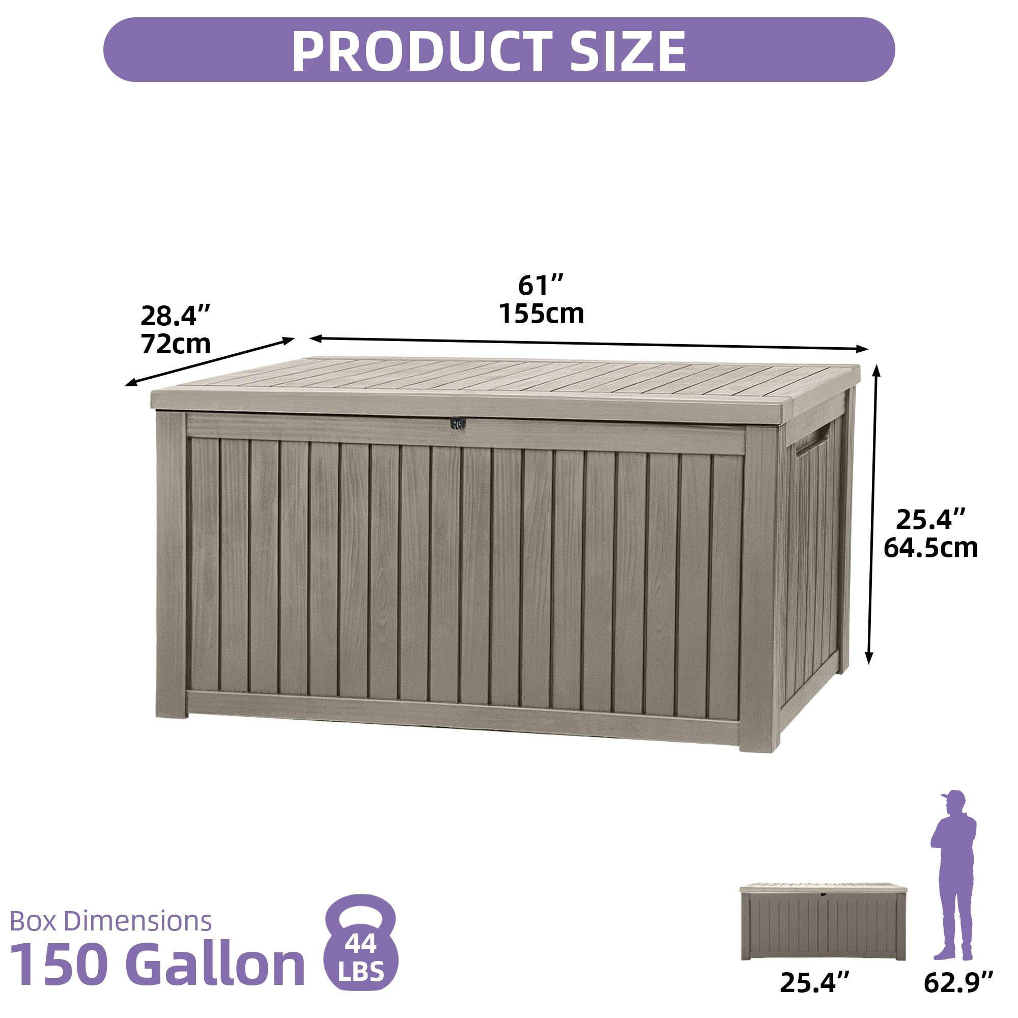 Dextrus 180 Gallon XL Resin Deck Box, Light Brown Waterproof Lockable Outdoor Storage Box with Removable Divider, Large Patio Organizer for Cushions, Garden Tools, Sports Gear and Pool Supplies