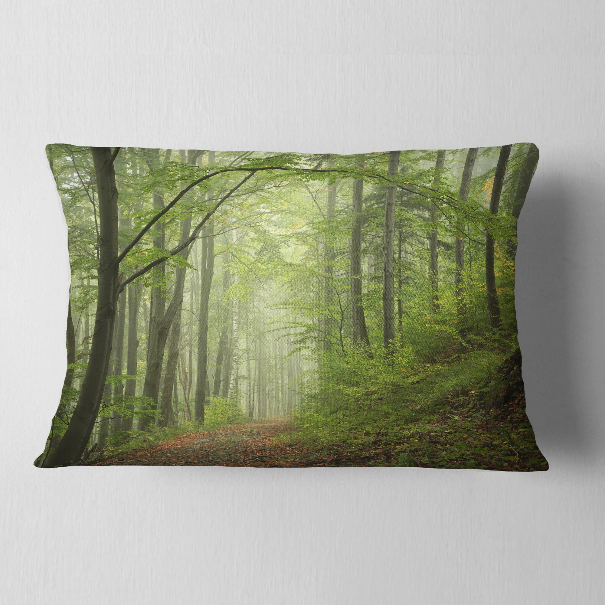 Designart Early Green Fall Forest - Landscape Photo Throw Pillow - 12x20