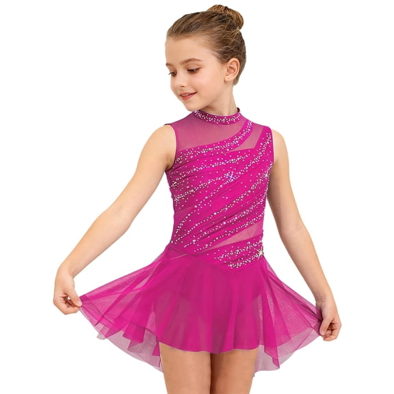 Sholeno Kids Girls Rhinestone Figure Ice Skating Dress Lyrical Dance Dress Ballet Dance Leotard Skirt Hot Pink 12
