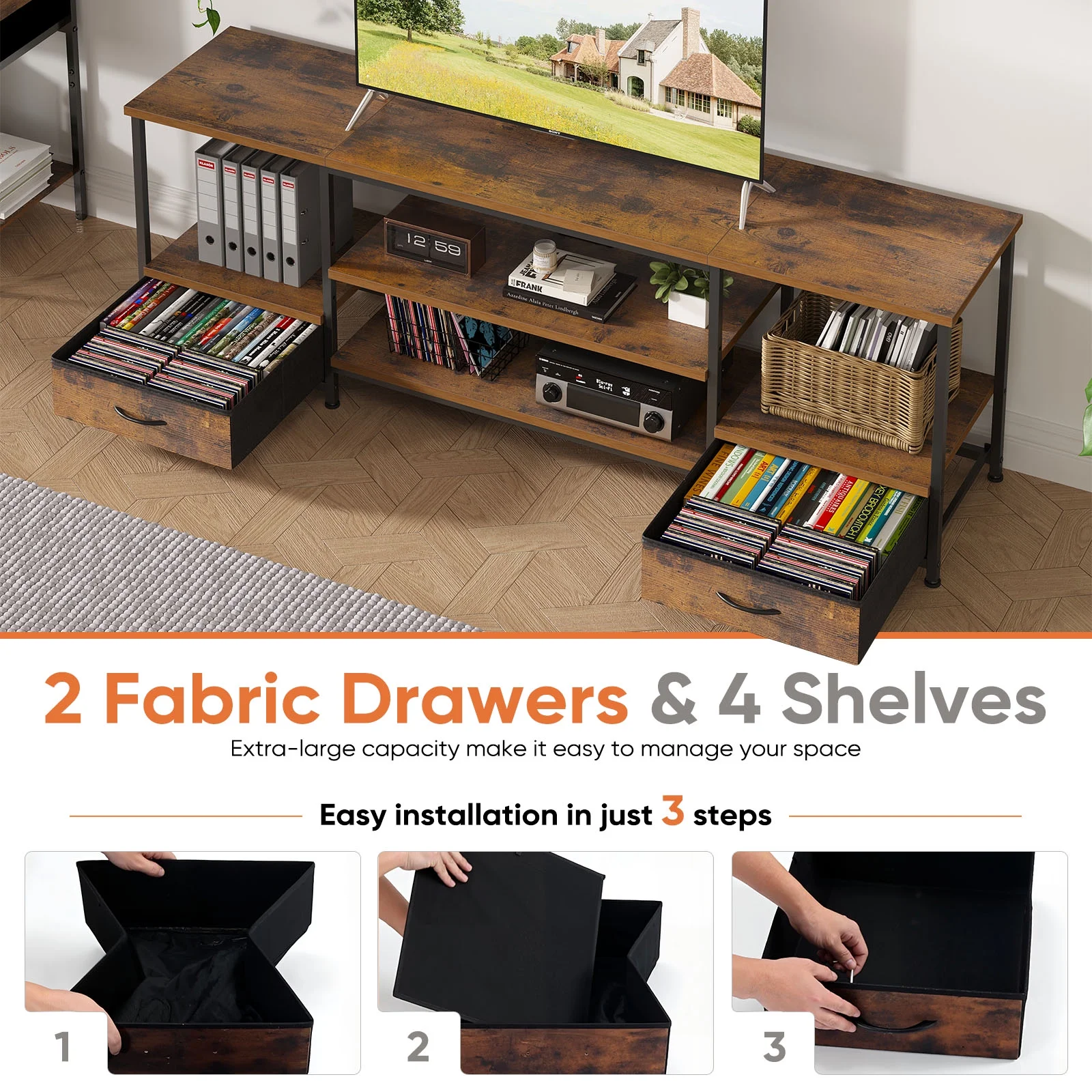 Prilinex LED 63" TV Stand for TVs up to 65 Inch, 2 Fabric Drawers, Entertainment Center Console Table with Adjustable Open Storage Shelves for Living Room & Bedroom, Rustic Brown