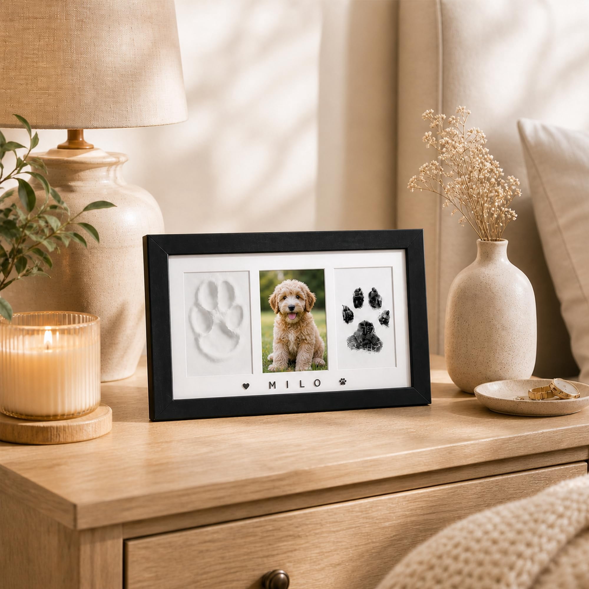 Dog Paw Print Frame Kit, Non-Toxic Clay & No Mess Ink Pad Pet Memorial DIY Gift (Black)