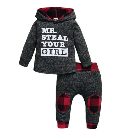 

Kucnuzki 18 Months Infant Boy Fall-Winter Outfits Pants Sets 24 Months Long Sleeve Letter Prints Hooded Sweatshirt Tops Elastic Contrast Plaid Prints Pants 2PCS Set Gray