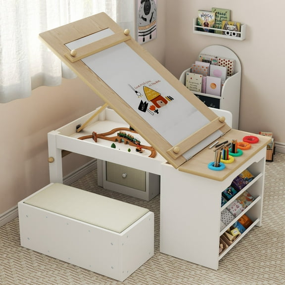 3 in 1 Kids Art Table and Chair Set, Art Desk with Storage Shelves and Drawers, Art Easel with Paint Cups, Paper Roll, Toddler Table and Chair Set w/ Bench & 2 Chairs for Draw, Write, Play, Crafts
