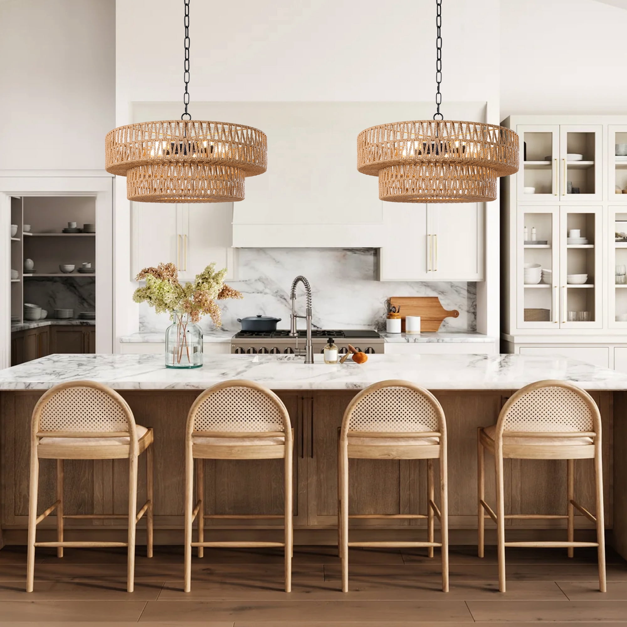 22"Farmhouse Hand-Woven Rattan Chandeliers for Dining Room 5-Light Boho Chandelier with Hand Woven Wicker Shade 3-Tier Large Rattan Pendant Lights Ceiling Hanging Lighting Kitchen Island
