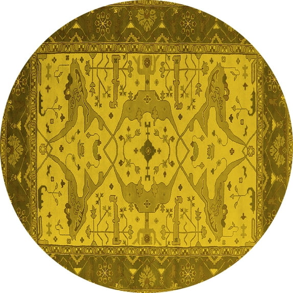 Ahgly Company Machine Washable Indoor Round Oriental Yellow Industrial Area Rugs, 8' Round