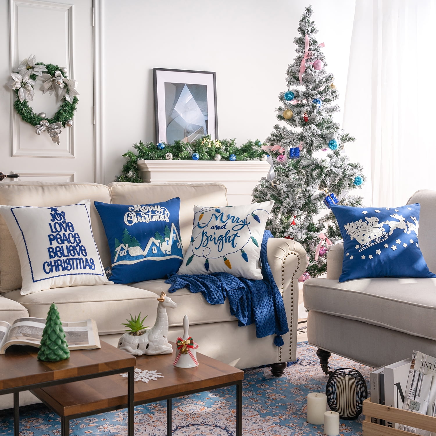 Christmas Embroidered Decorative Series Throw Pillow Covers, Navy, 18" x 18", Set of 4