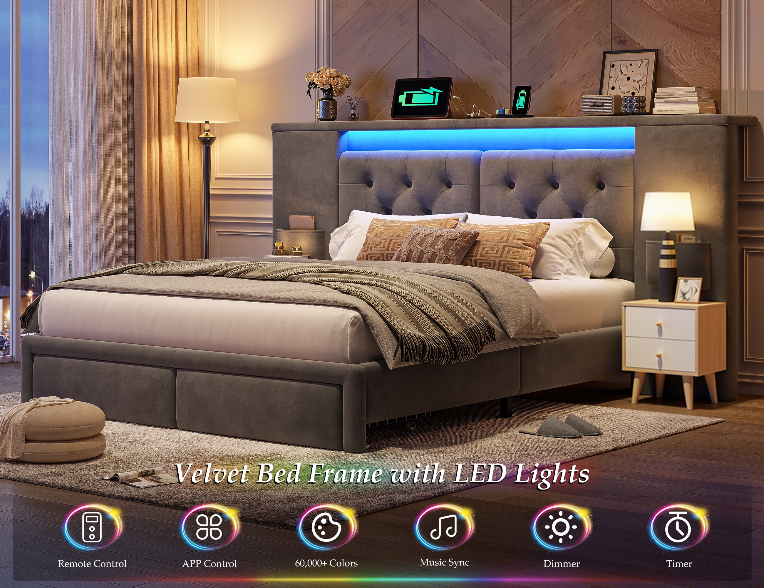 EnHomee Queen Size Bed Frame with 2 Storage Drawers and Widened Headboard Platform Bed Frame with LED Lights and Charging Station, No Box Spring,Gray