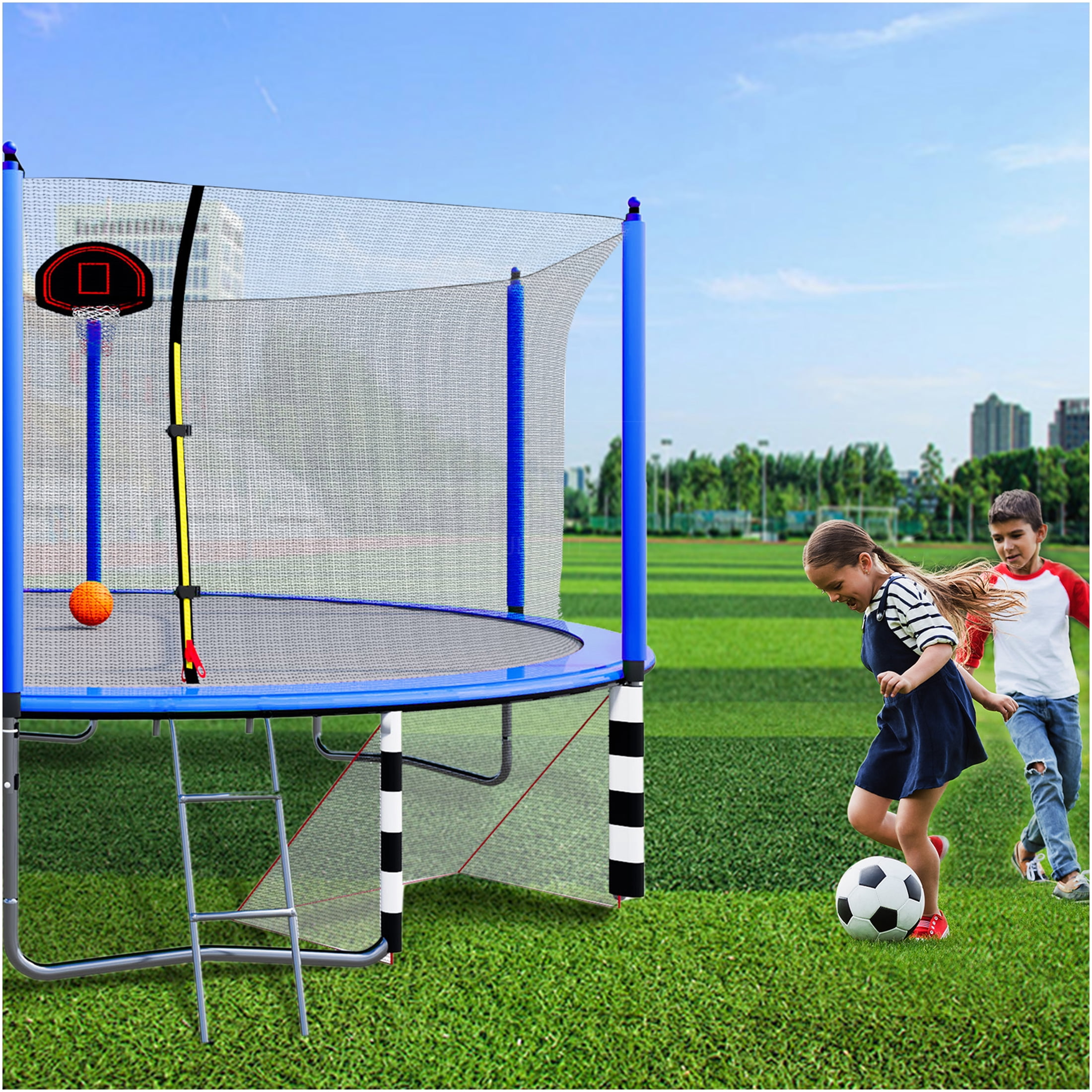JERFIT 16FT Trampoline with Enclosure Net, Basketball Hoop, Soccer Goal, Ladder & Pump - All-in-One Outdoor Play Center for Kids, Blue