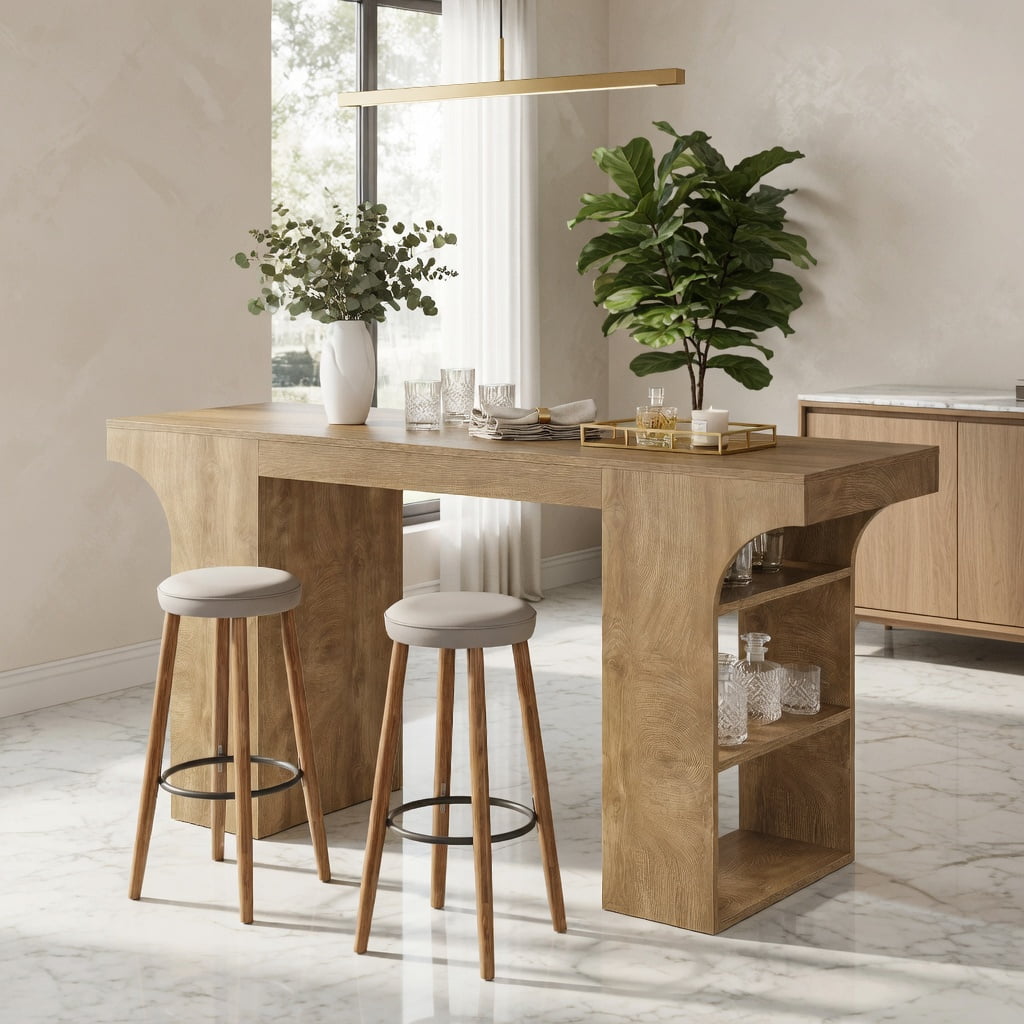 Hommoo 63 Inch Rectangular Counter Height Bar Table with Open Storage Shelves, Rustic Modern Farmhouse Pub Table for Home Bar, Dining & Cocktail Serving, Brown