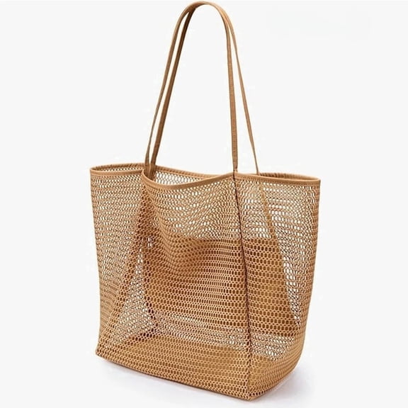 Beach Bags for Women, Summer Travel Mesh Tote Bag with Large Inner Pocket, Sandproof Woven Shoulder Handbag