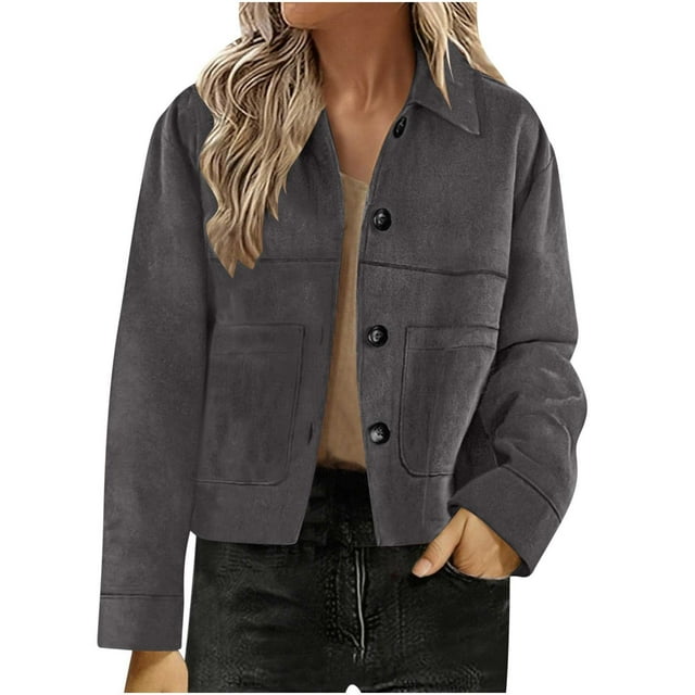 aohooy Veste Bomber en Suède pour Femme 2025 Décontractée à Col à Revers Courte Boutonnée Légère d'Automne pour le Travail Manteau d'Extérieur Gris Foncé, TG
