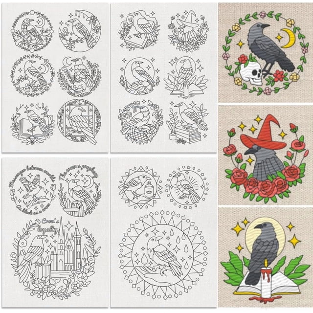 18Pcs Goth Crow Water Soluble Hand Sewing Stabilizers 8.3"x11.7" Crow Flower Embroidery Pattern Stabilizer 4 Sheets Animal Stick and Stitch Embroidery Paper Sticker
