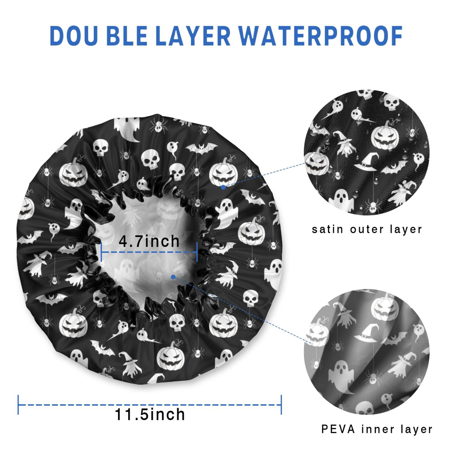 Shower Caps,Black Halloween Ghost Pumpkin Pattern Waterproof Shower Cap for Women 4 Pieces,Double Reusable Hair Cover for Shower PEVA Elastic Stretch Hem