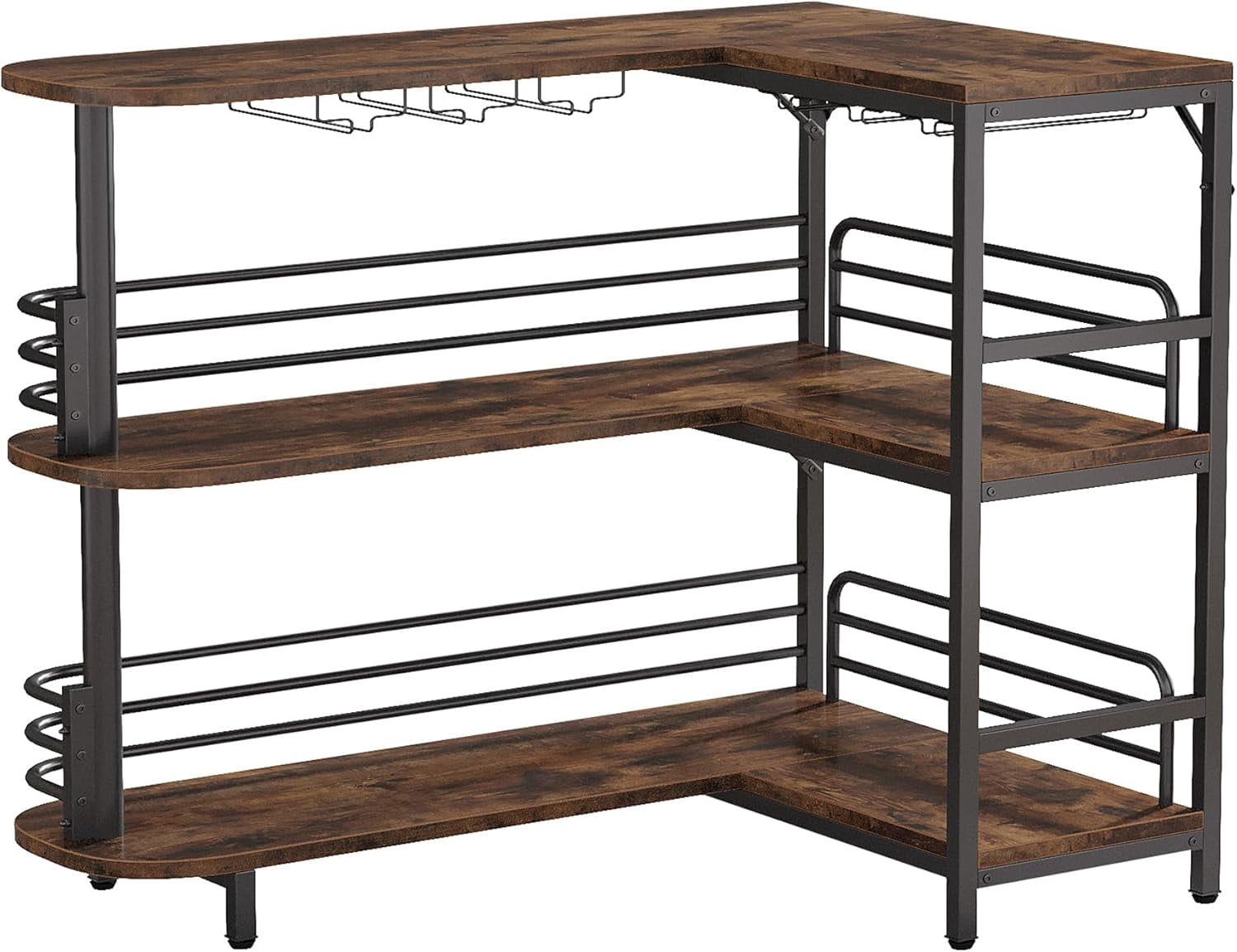 L-Shaped Bar Table, Home Bar with 6 Stemware Racks, Large Countertop, Sturdy Liquor Bar for Home Easy Assembly Rustic Brown & Matte Black