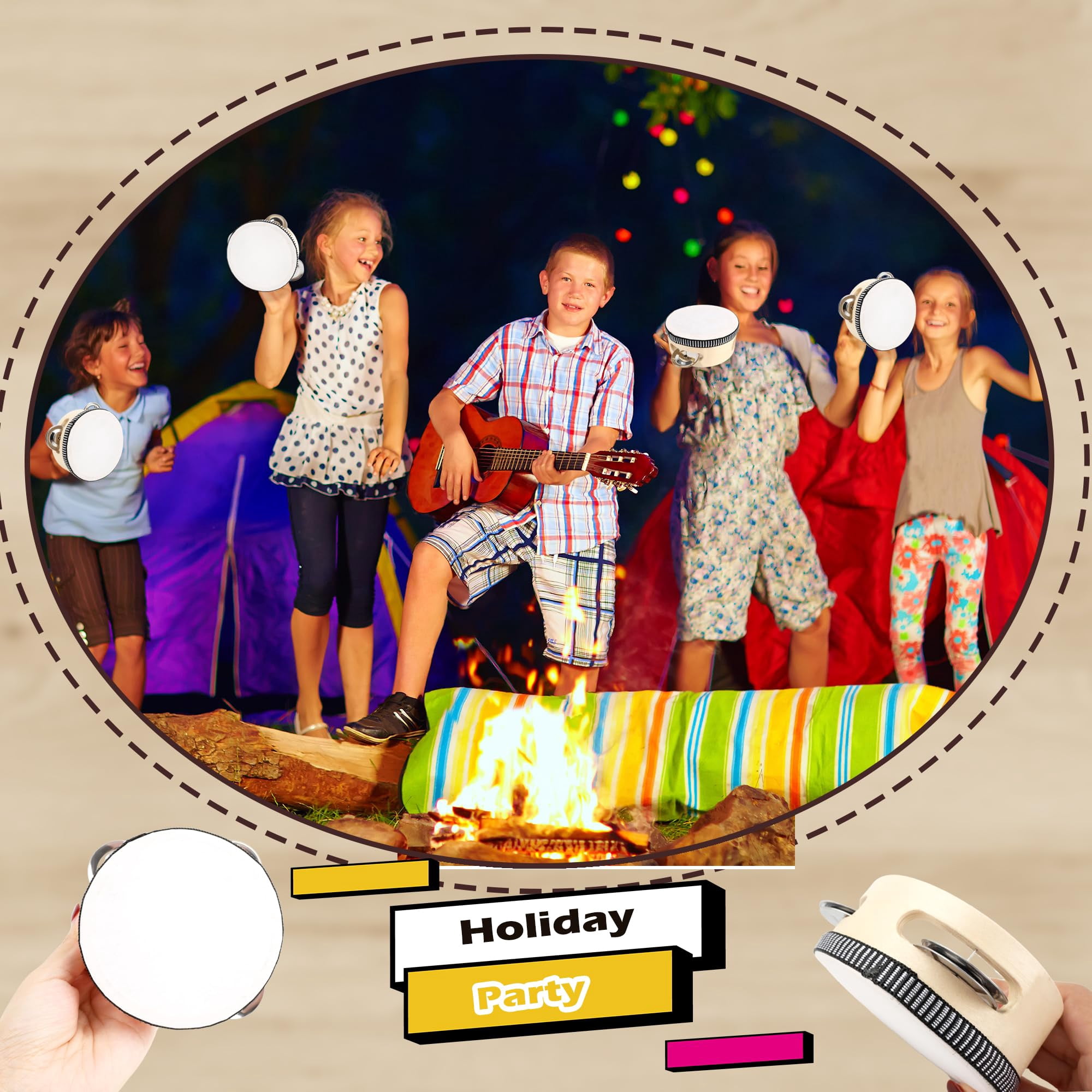 36 Pcs 4 Inch Wedding Tambourines Drum Wooden Natural Handheld Drums Metal Jingles Musical Instruments Percussion For Adult Church Party Favor