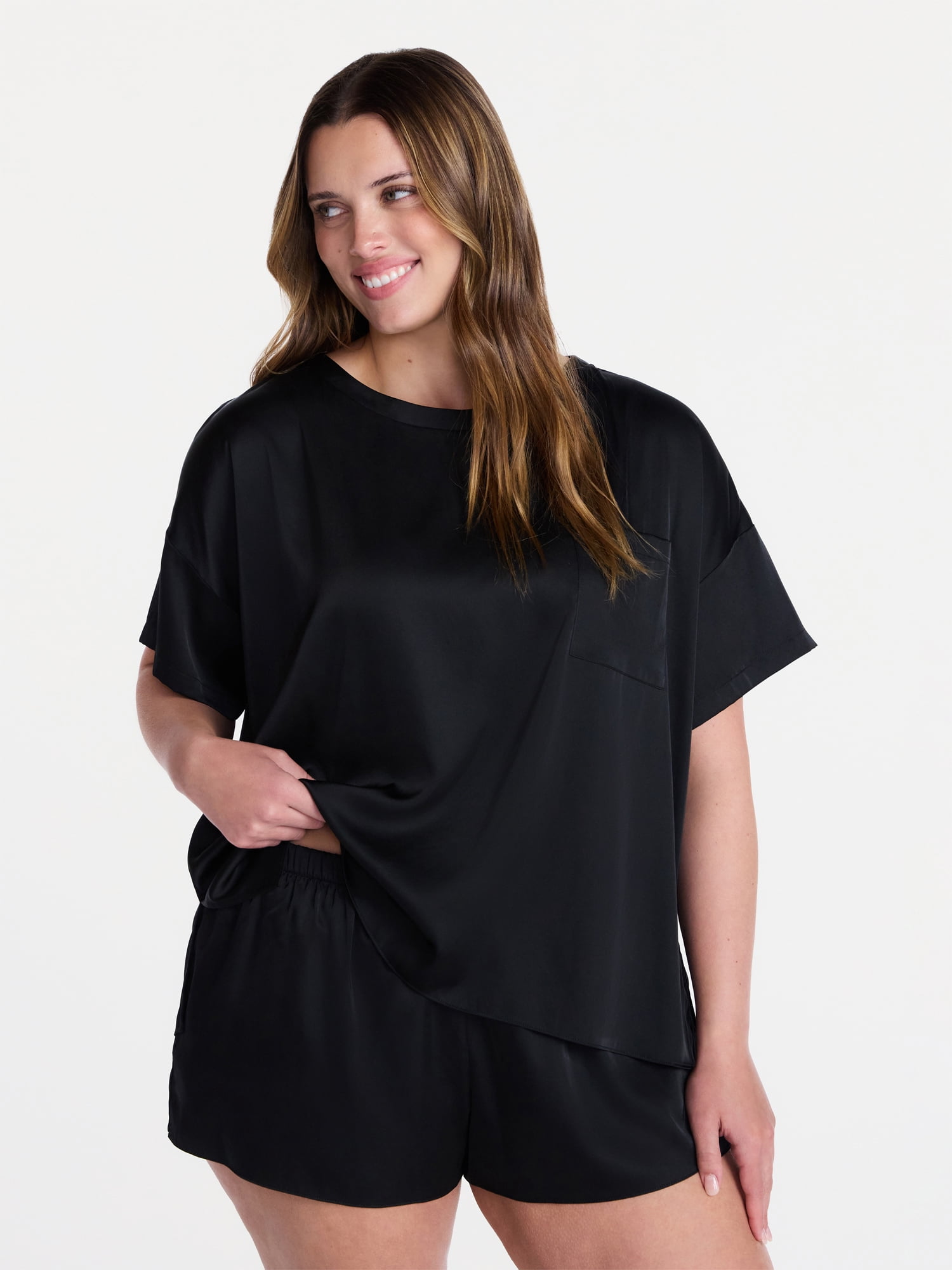 Joyspun Women’s Short Sleeve Stretch Satin Top and Shorts Pajama Set, 2-Piece, Sizes XS-3X